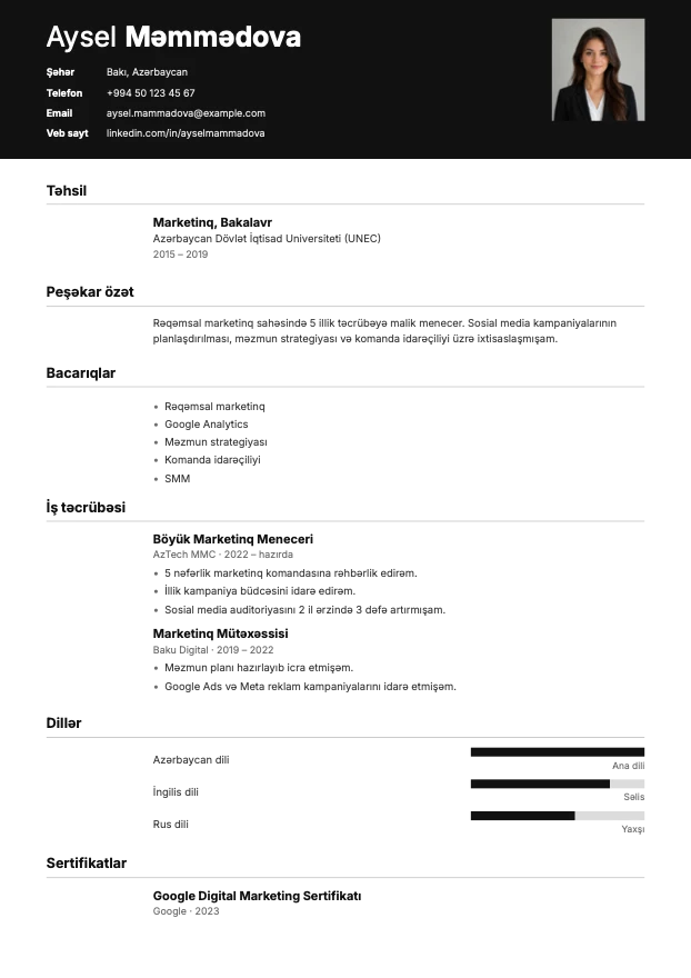 Kontrast şablonunda hazırlanmış nümunə CV