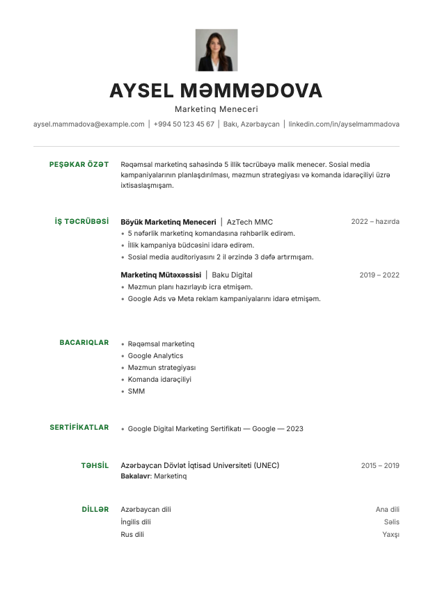 Mərkəz şablonunda hazırlanmış nümunə CV