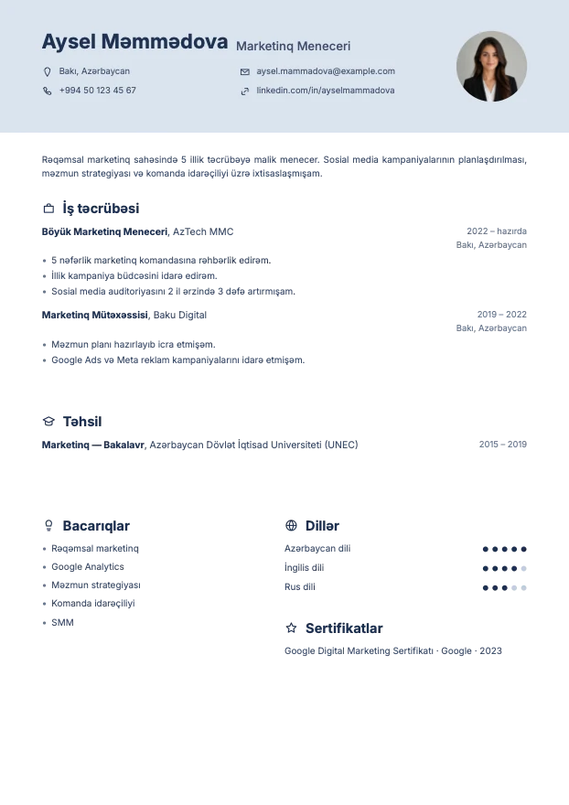 Prestij şablonunda hazırlanmış nümunə CV