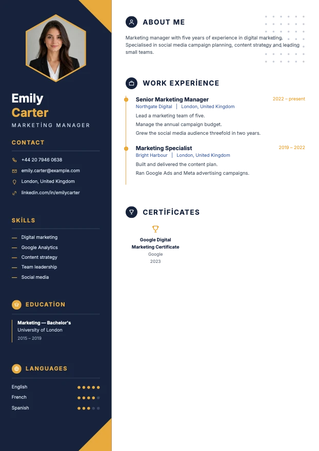 Example CV built with the Elite template