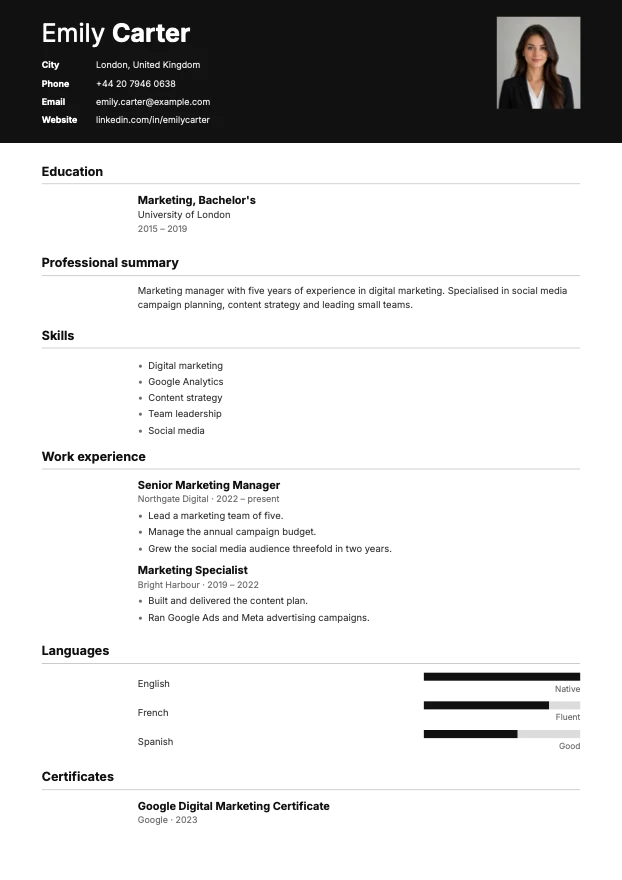 Example CV built with the Contrast template