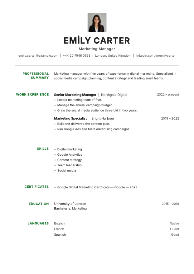 Example CV built with the Centre template
