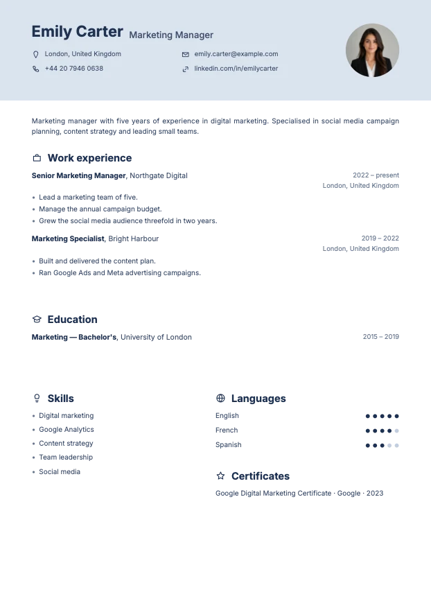 Example CV built with the Prestige template
