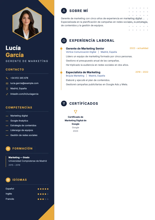 CV de ejemplo hecho con la plantilla Élite