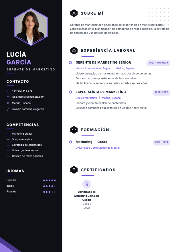 CV de ejemplo hecho con la plantilla Neón
