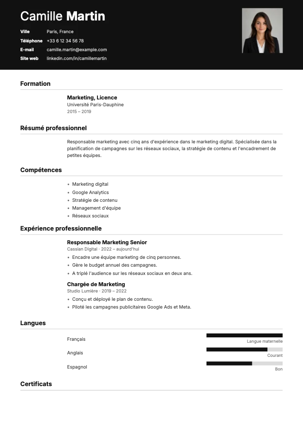 Exemple de CV réalisé avec le modèle Contraste