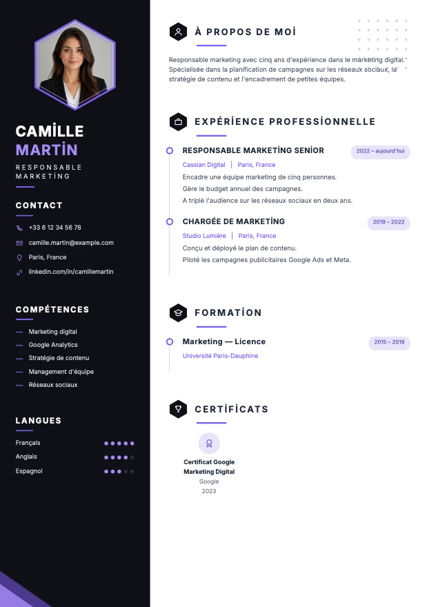 Exemple de CV réalisé avec le modèle Néon