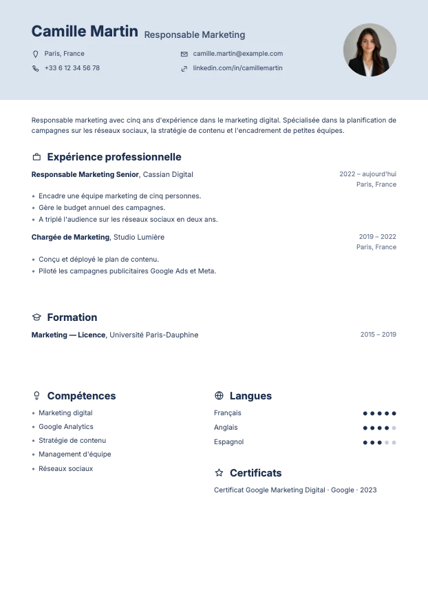 Exemple de CV réalisé avec le modèle Prestige