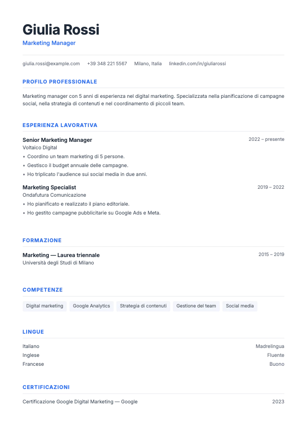 CV di esempio realizzato con il modello Classico