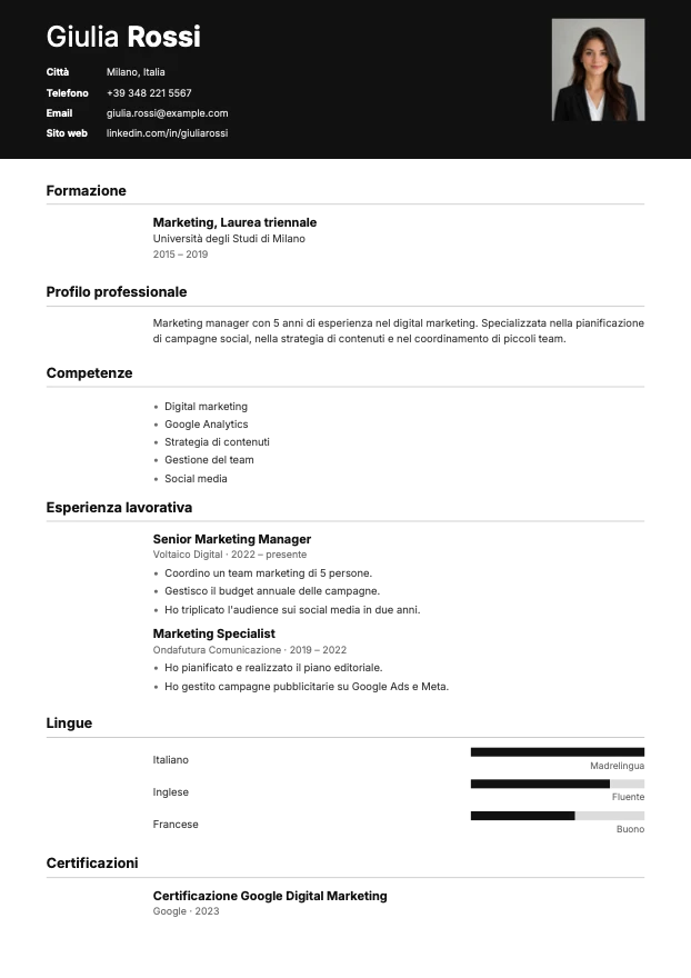 CV di esempio realizzato con il modello Contrasto