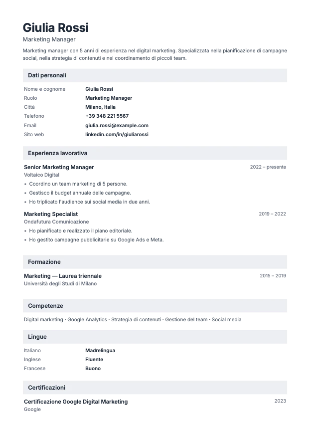 CV di esempio realizzato con il modello Moderno