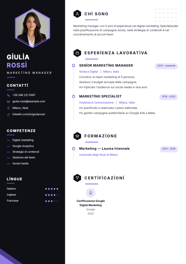 CV di esempio realizzato con il modello Neon