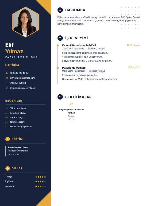 Elit şablonuyla hazırlanmış örnek CV